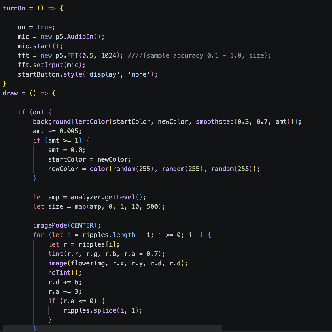 Sound ripples shaped as flowers displayed and playing music notes controlled from the Makey Makey.
