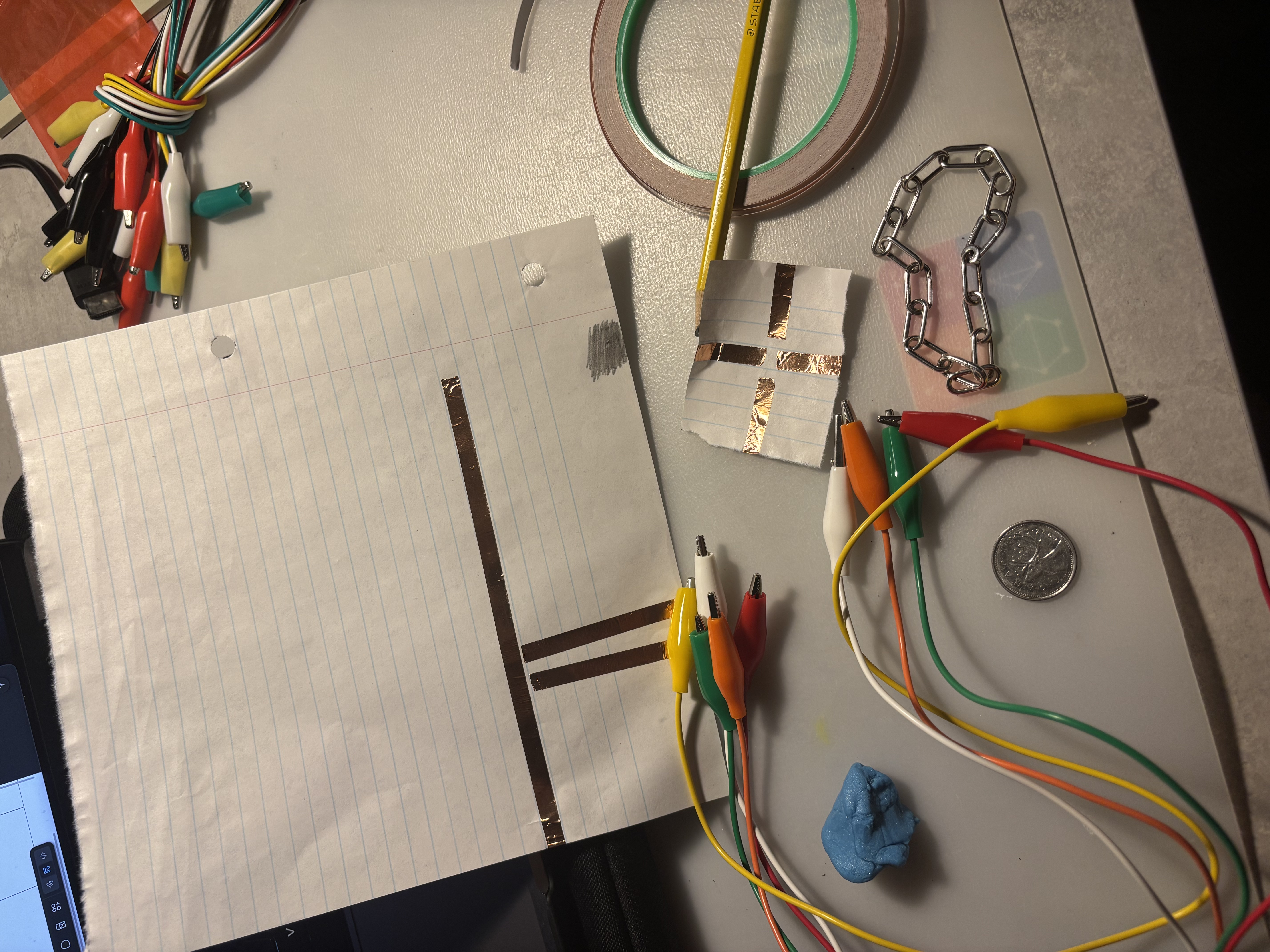 Materials I used for testing the conductivity and making circuits with the Makey Makey.